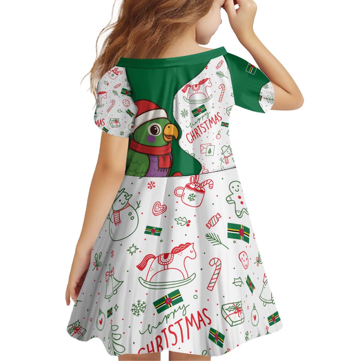 Dominica Christmas Kid Short Sleeve Dress with Parrot Gift Box and Festive Pattern Design - Wonder Print Shop