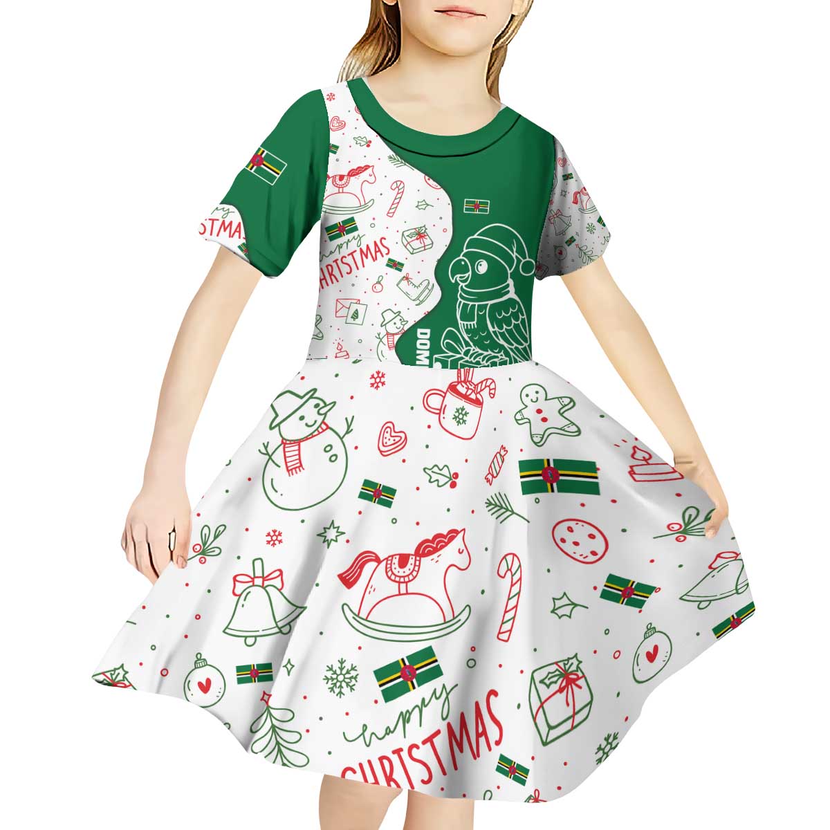 Dominica Christmas Kid Short Sleeve Dress with Parrot Gift Box and Festive Pattern Design - Wonder Print Shop