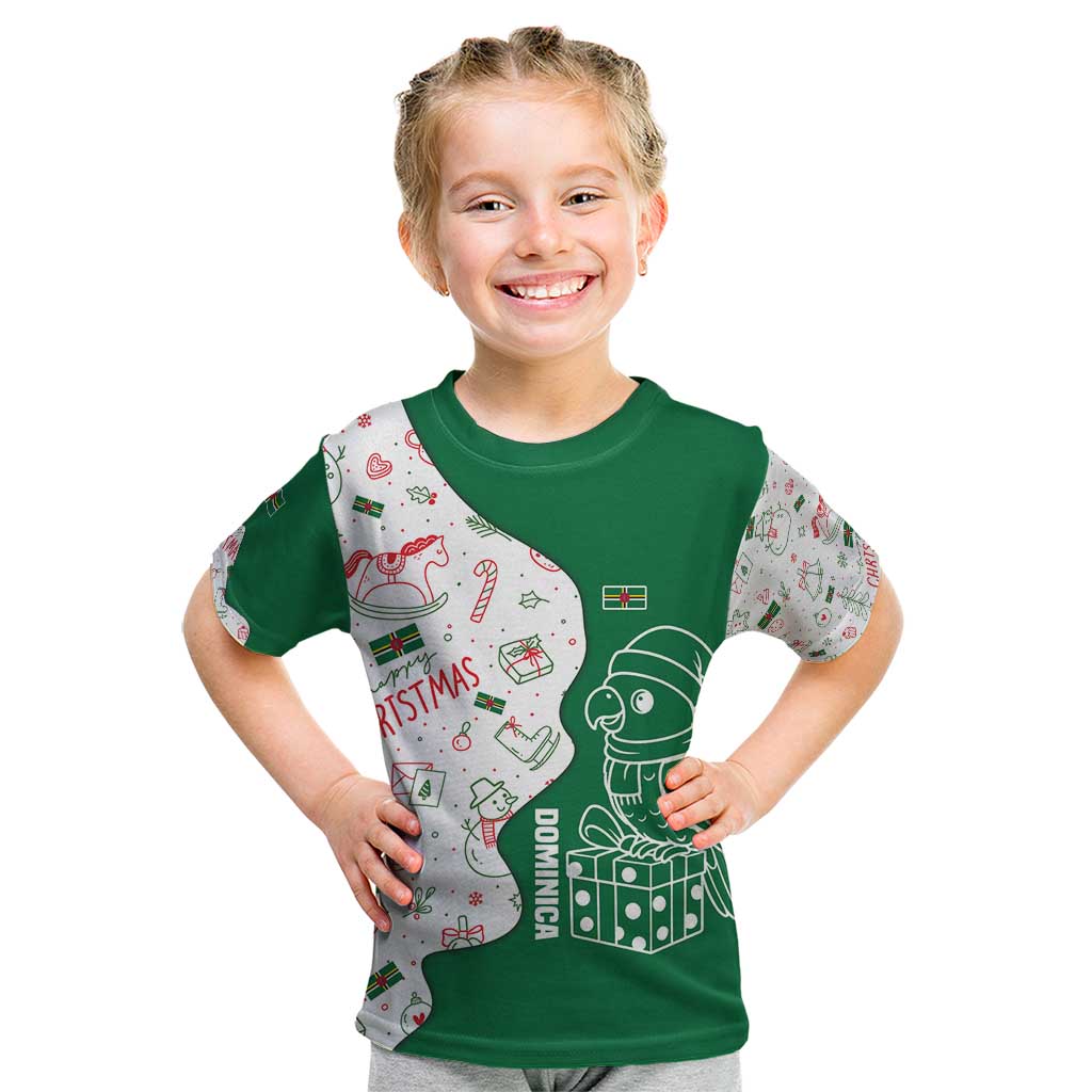 Dominica Christmas Kid T Shirt with Parrot Gift Box and Festive Pattern Design - Wonder Print Shop