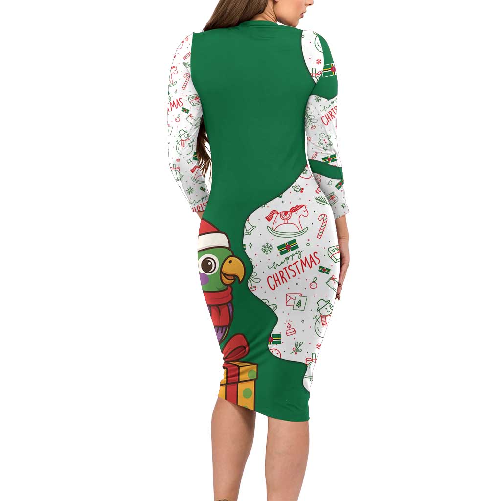 Dominica Christmas Long Sleeve Bodycon Dress with Parrot Gift Box and Festive Pattern Design - Wonder Print Shop