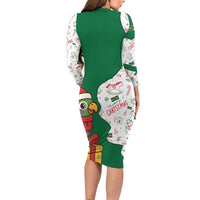 Dominica Christmas Long Sleeve Bodycon Dress with Parrot Gift Box and Festive Pattern Design - Wonder Print Shop