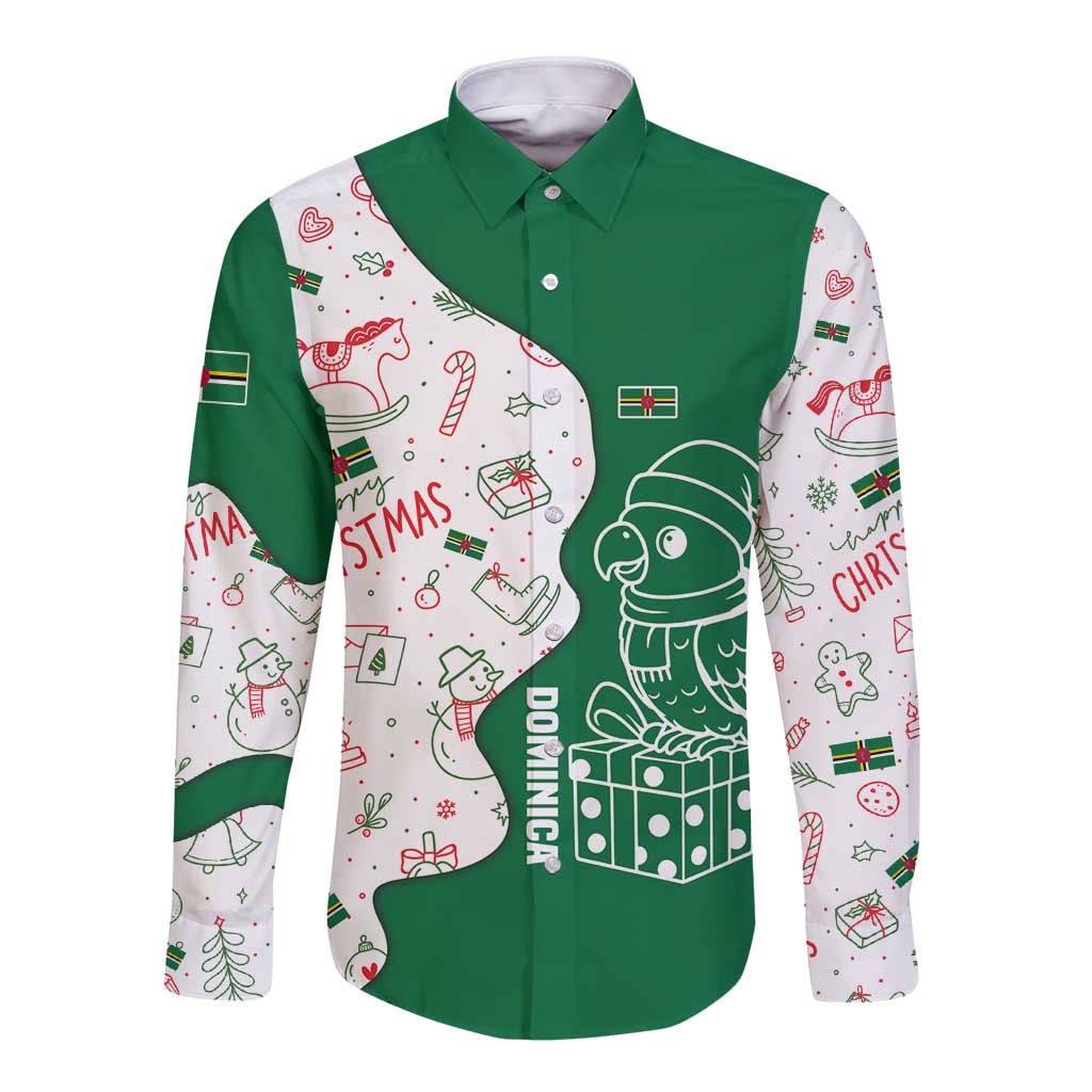 Dominica Christmas Long Sleeve Button Shirt with Parrot Gift Box and Festive Pattern Design - Wonder Print Shop