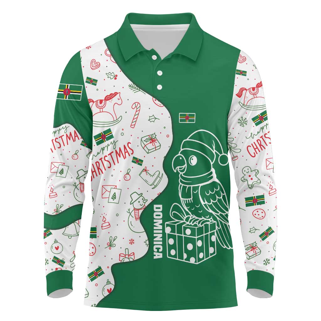 Dominica Christmas Long Sleeve Polo Shirt with Parrot Gift Box and Festive Pattern Design - Wonder Print Shop