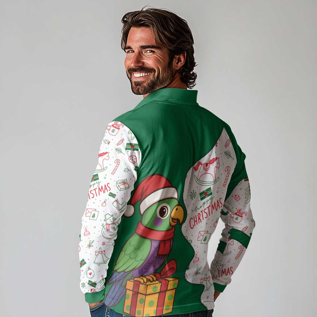Dominica Christmas Long Sleeve Polo Shirt with Parrot Gift Box and Festive Pattern Design - Wonder Print Shop