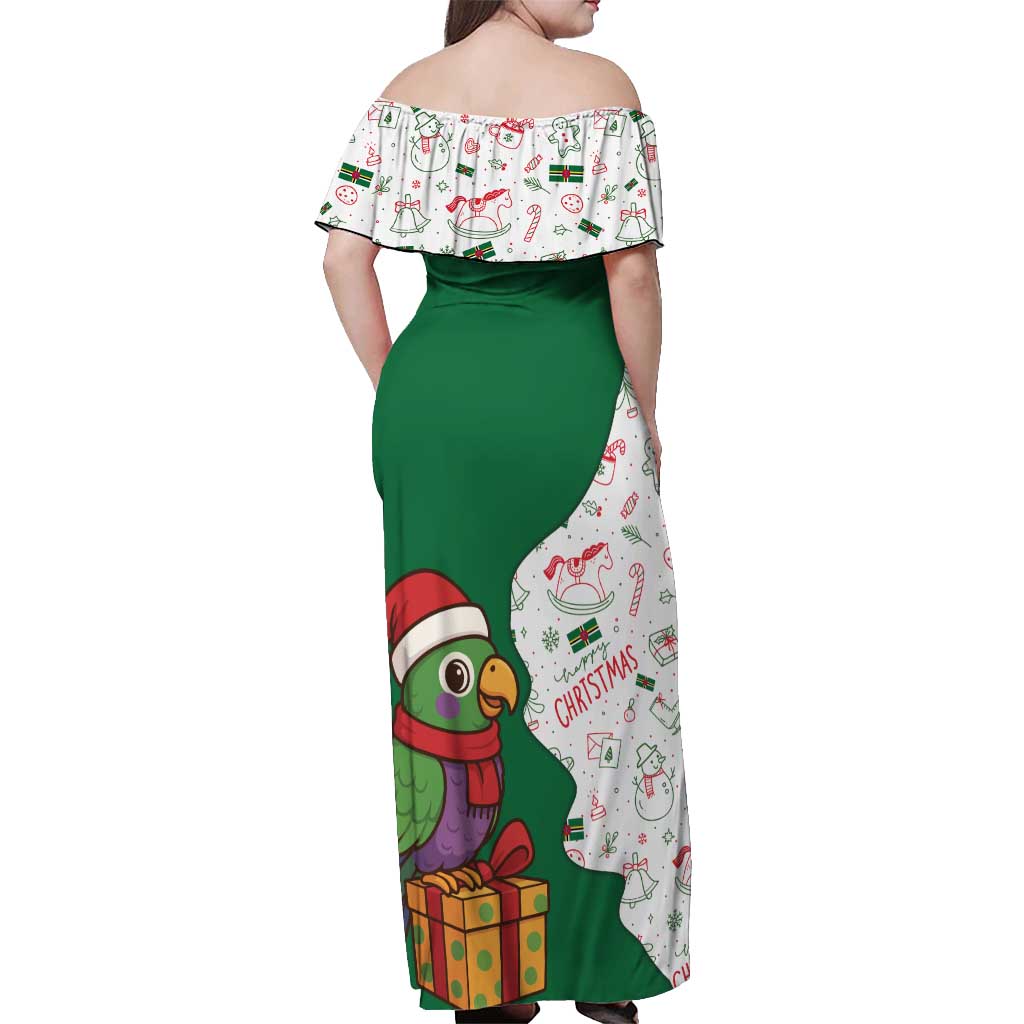 Dominica Christmas Off Shoulder Maxi Dress with Parrot Gift Box and Festive Pattern Design - Wonder Print Shop
