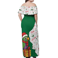 Dominica Christmas Off Shoulder Maxi Dress with Parrot Gift Box and Festive Pattern Design - Wonder Print Shop