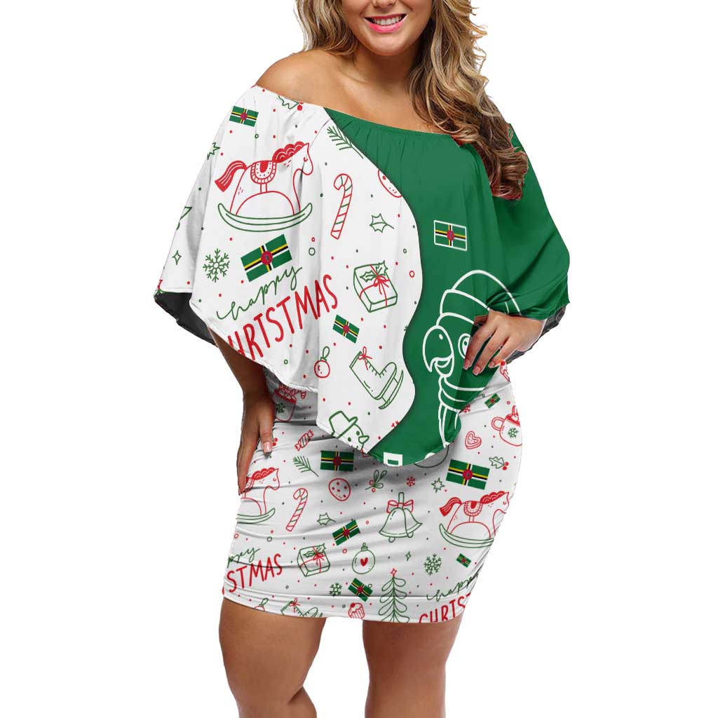 Dominica Christmas Off Shoulder Short Dress with Parrot Gift Box and Festive Pattern Design - Wonder Print Shop