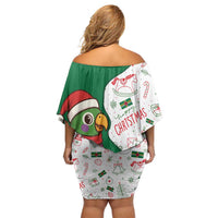 Dominica Christmas Off Shoulder Short Dress with Parrot Gift Box and Festive Pattern Design - Wonder Print Shop