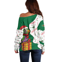Dominica Christmas Off Shoulder Sweater with Parrot Gift Box and Festive Pattern Design - Wonder Print Shop