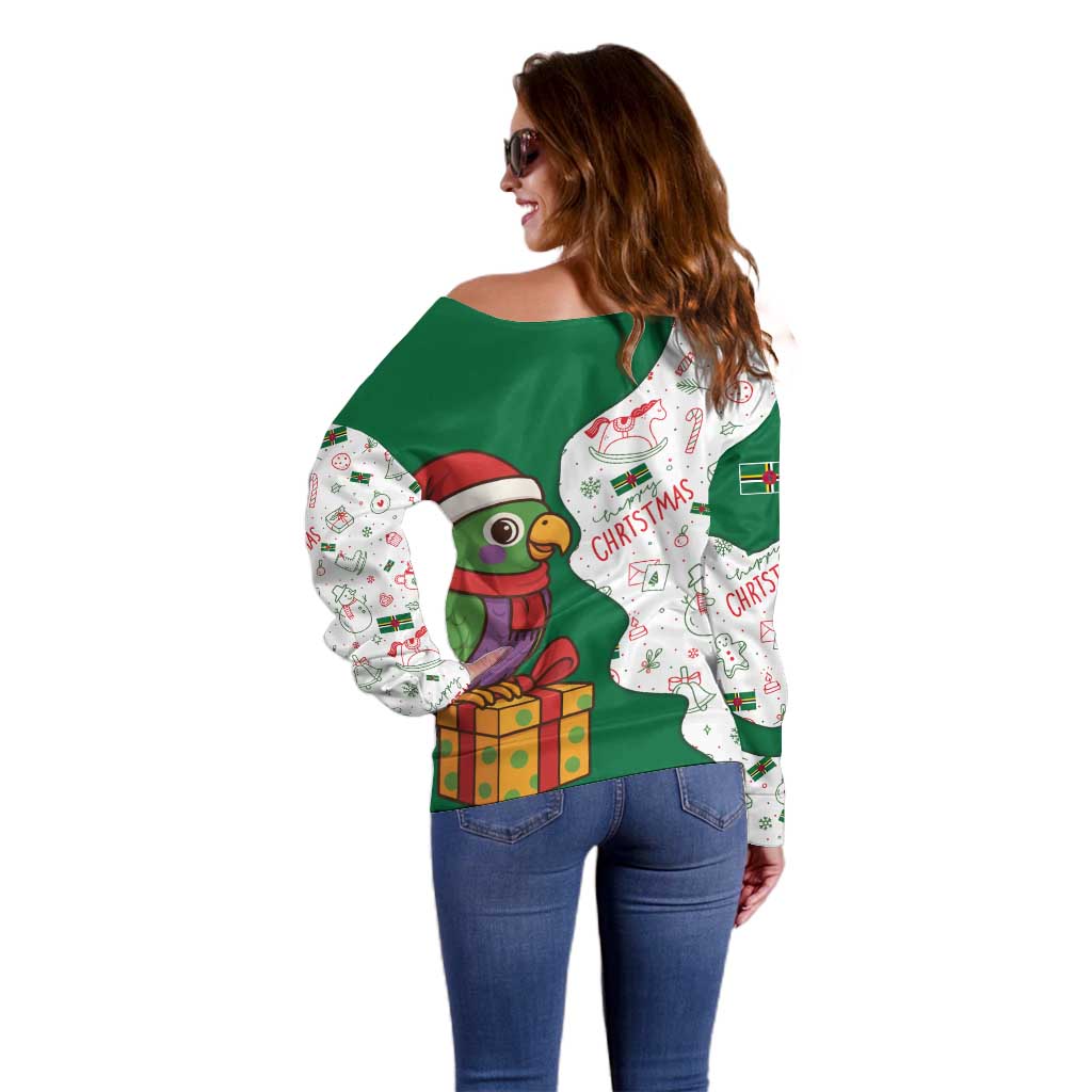 Dominica Christmas Off Shoulder Sweater with Parrot Gift Box and Festive Pattern Design - Wonder Print Shop