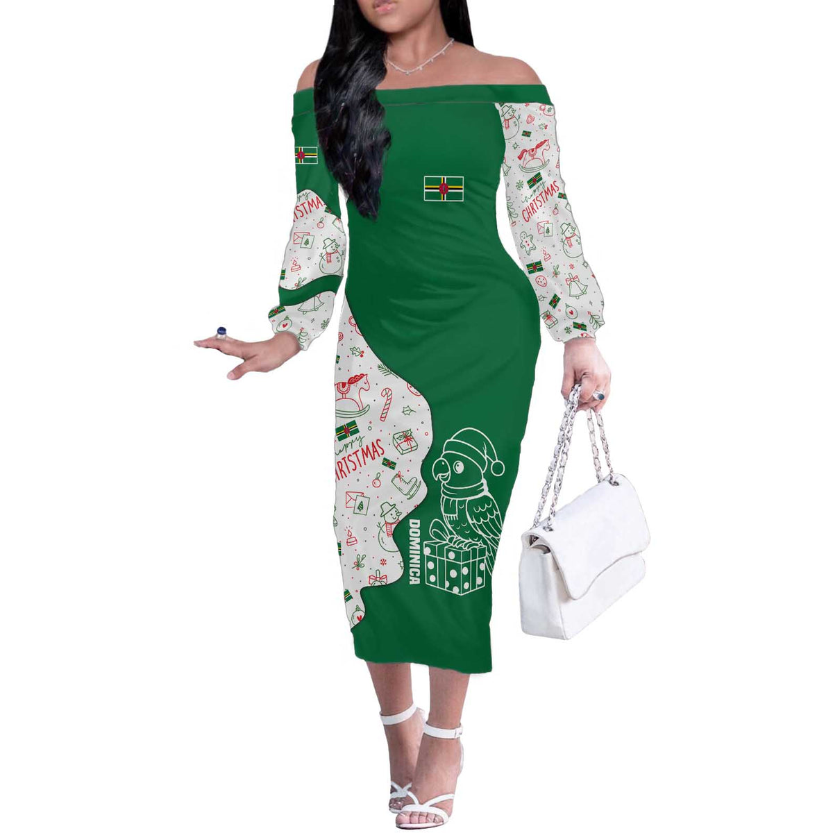 Dominica Christmas Off The Shoulder Long Sleeve Dress with Parrot Gift Box and Festive Pattern Design - Wonder Print Shop