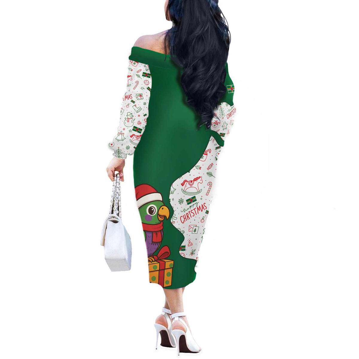 Dominica Christmas Off The Shoulder Long Sleeve Dress with Parrot Gift Box and Festive Pattern Design - Wonder Print Shop