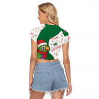 Dominica Christmas Raglan Cropped T Shirt with Parrot Gift Box and Festive Pattern Design - Wonder Print Shop