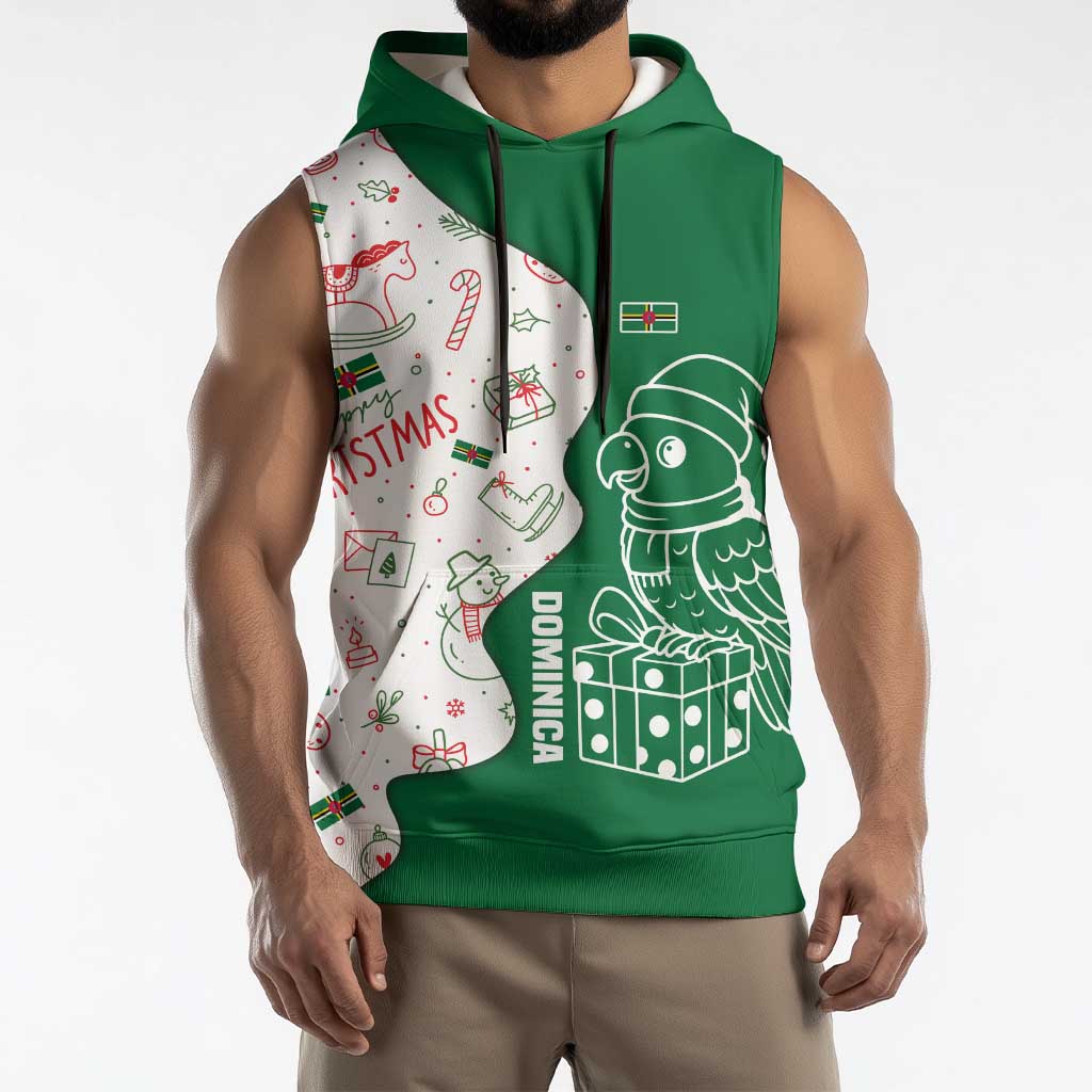 Dominica Christmas Sleeveless Hoodie with Parrot Gift Box and Festive Pattern Design - Wonder Print Shop