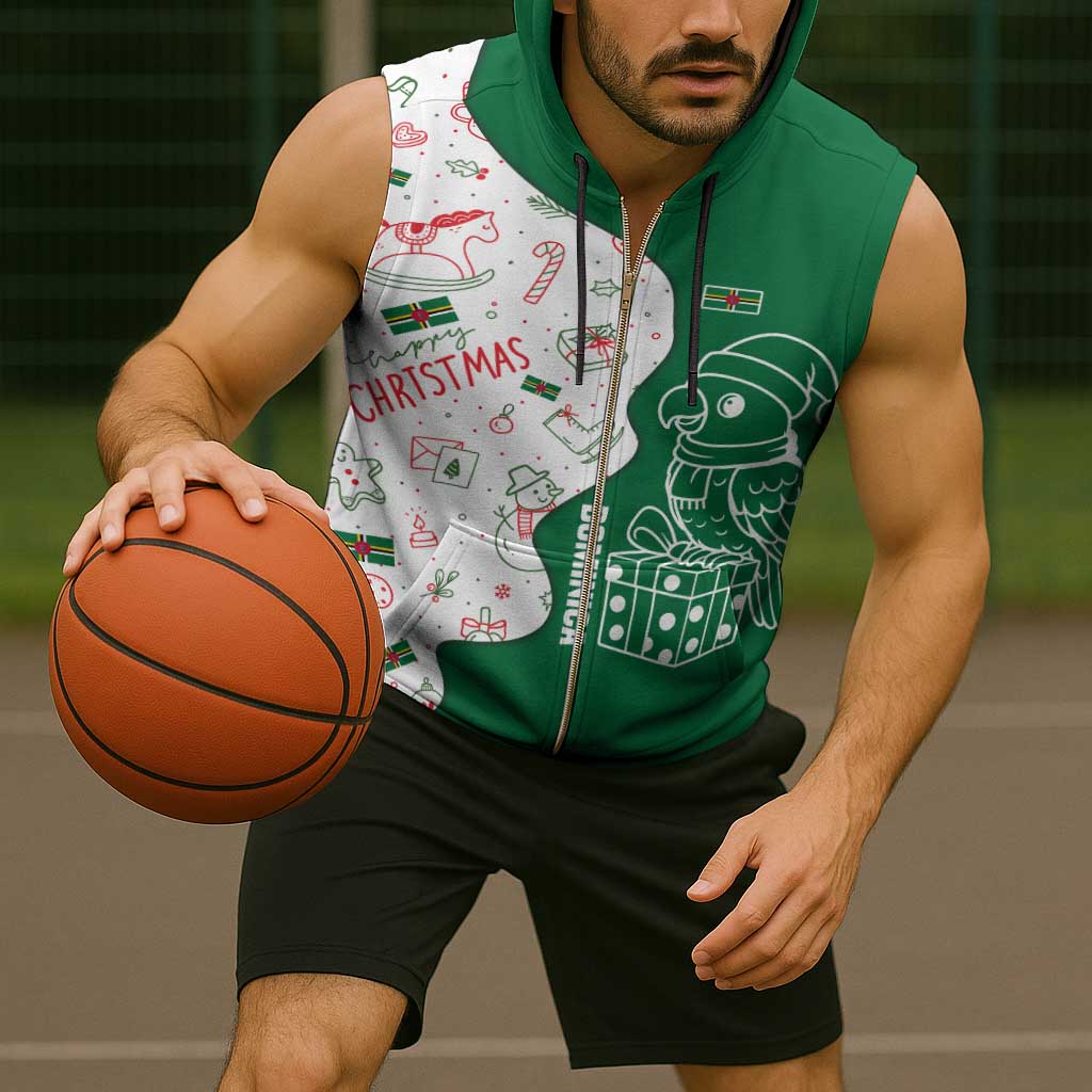 Dominica Christmas Sleeveless Zip Hoodie with Parrot Gift Box and Festive Pattern Design - Wonder Print Shop