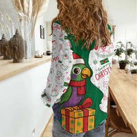 Dominica Christmas Women Casual Shirt with Parrot Gift Box and Festive Pattern Design - Wonder Print Shop