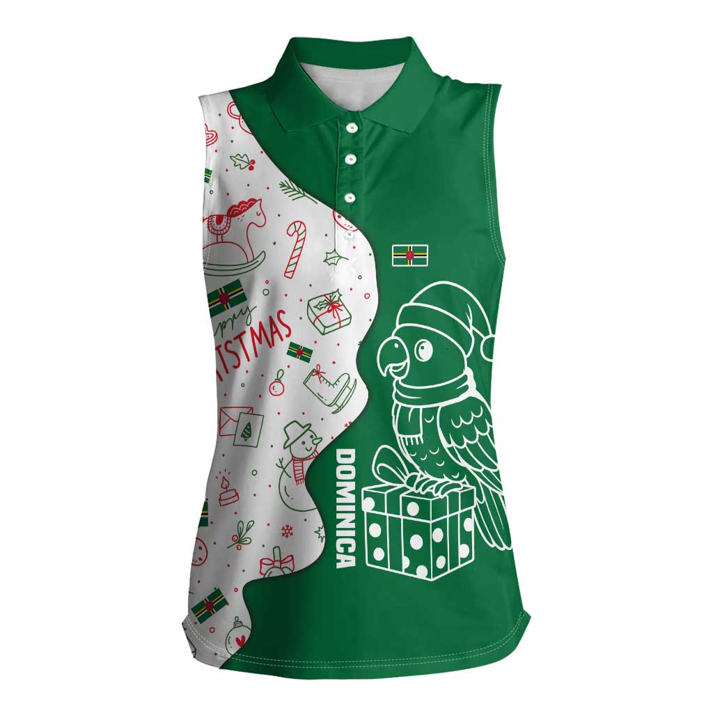 Dominica Christmas Women Sleeveless Polo Shirt with Parrot Gift Box and Festive Pattern Design - Wonder Print Shop