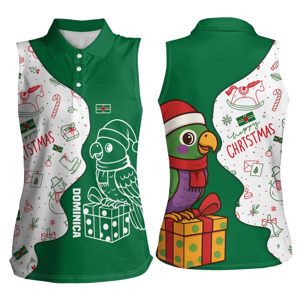 Dominica Christmas Women Sleeveless Polo Shirt with Parrot Gift Box and Festive Pattern Design - Wonder Print Shop