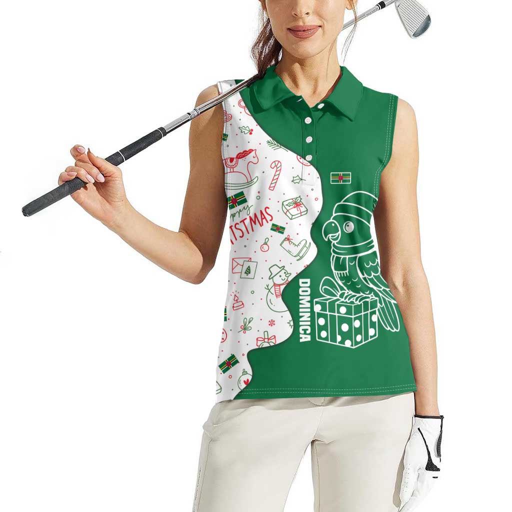 Dominica Christmas Women Sleeveless Polo Shirt with Parrot Gift Box and Festive Pattern Design - Wonder Print Shop