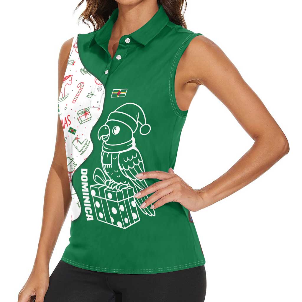 Dominica Christmas Women Sleeveless Polo Shirt with Parrot Gift Box and Festive Pattern Design - Wonder Print Shop