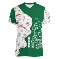 Dominica Christmas Women V-Neck T-Shirt with Parrot Gift Box and Festive Pattern Design - Wonder Print Shop