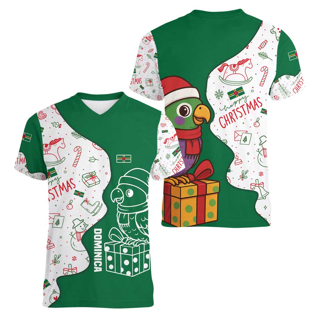 Dominica Christmas Women V-Neck T-Shirt with Parrot Gift Box and Festive Pattern Design - Wonder Print Shop
