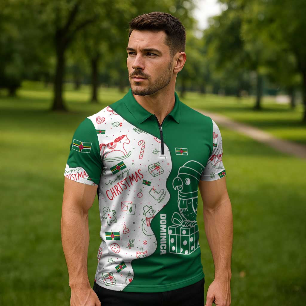 Dominica Christmas Zipper Polo Shirt with Parrot Gift Box and Festive Pattern Design - Wonder Print Shop