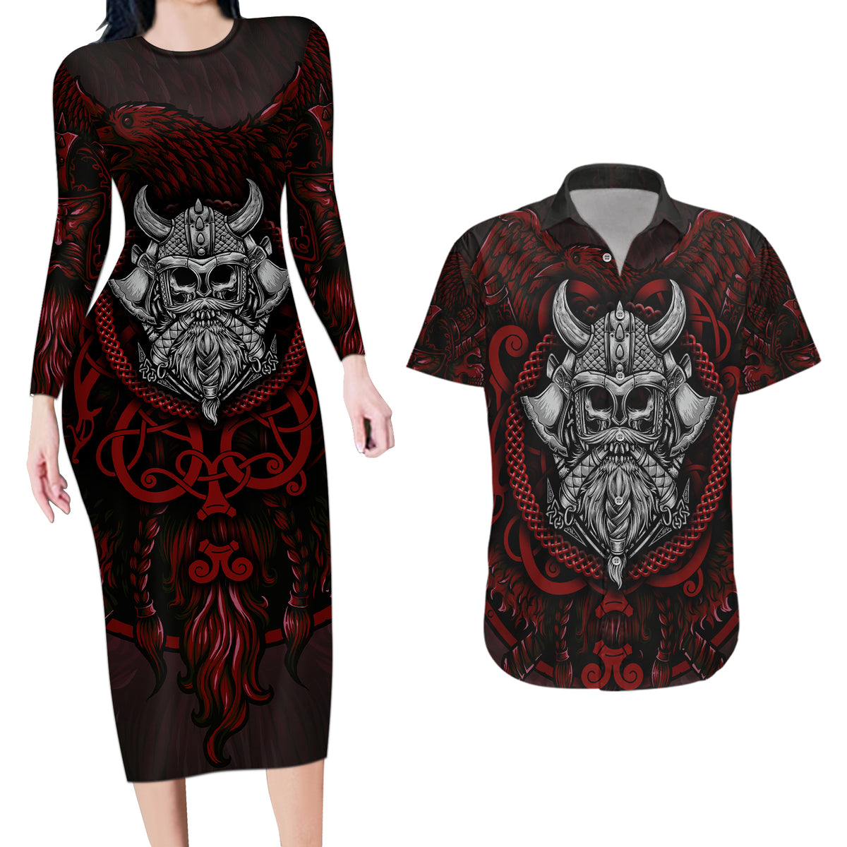 Blood Of Viking Warrior Couples Matching Long Sleeve Bodycon Dress and Hawaiian Shirt - Wonder Print Shop