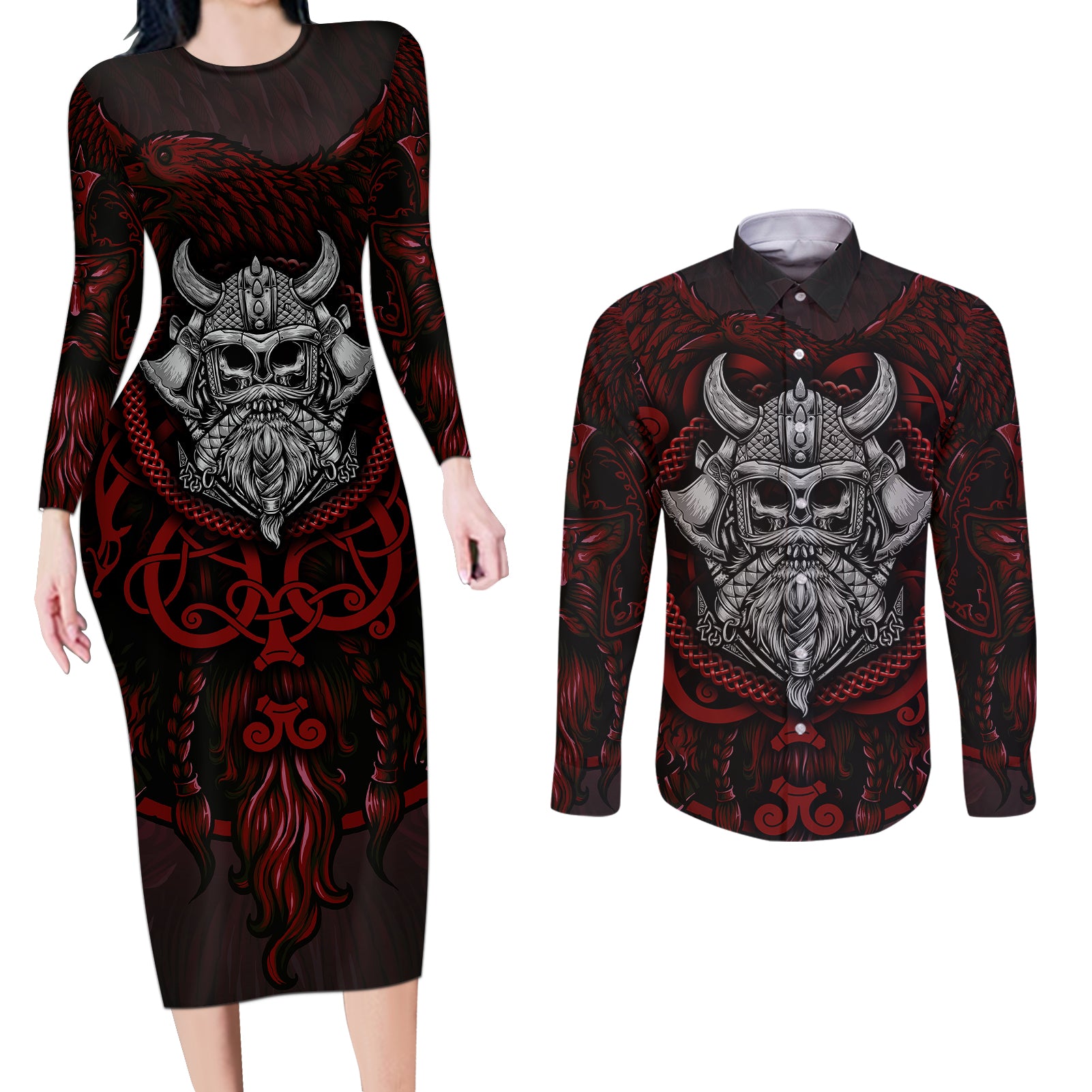 Blood Of Viking Warrior Couples Matching Long Sleeve Bodycon Dress and Long Sleeve Button Shirts - Wonder Print Shop