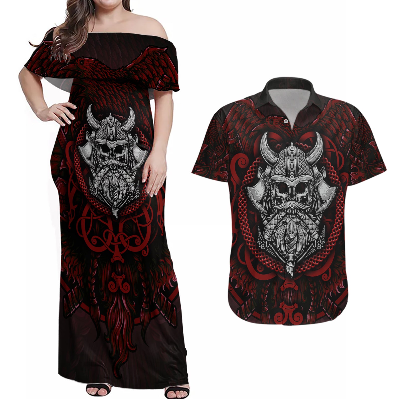 Blood Of Viking Warrior Couples Matching Off Shoulder Maxi Dress and Hawaiian Shirt - Wonder Print Shop