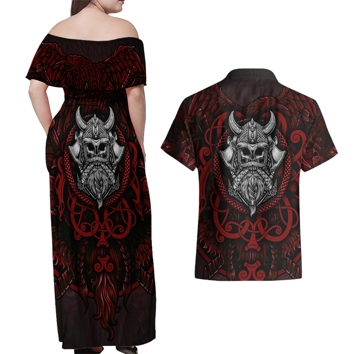 Blood Of Viking Warrior Couples Matching Off Shoulder Maxi Dress and Hawaiian Shirt - Wonder Print Shop