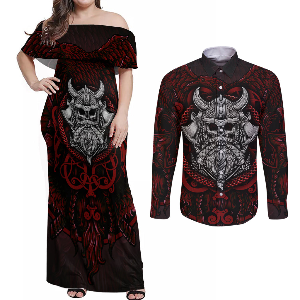 Blood Of Viking Warrior Couples Matching Off Shoulder Maxi Dress and Long Sleeve Button Shirts - Wonder Print Shop