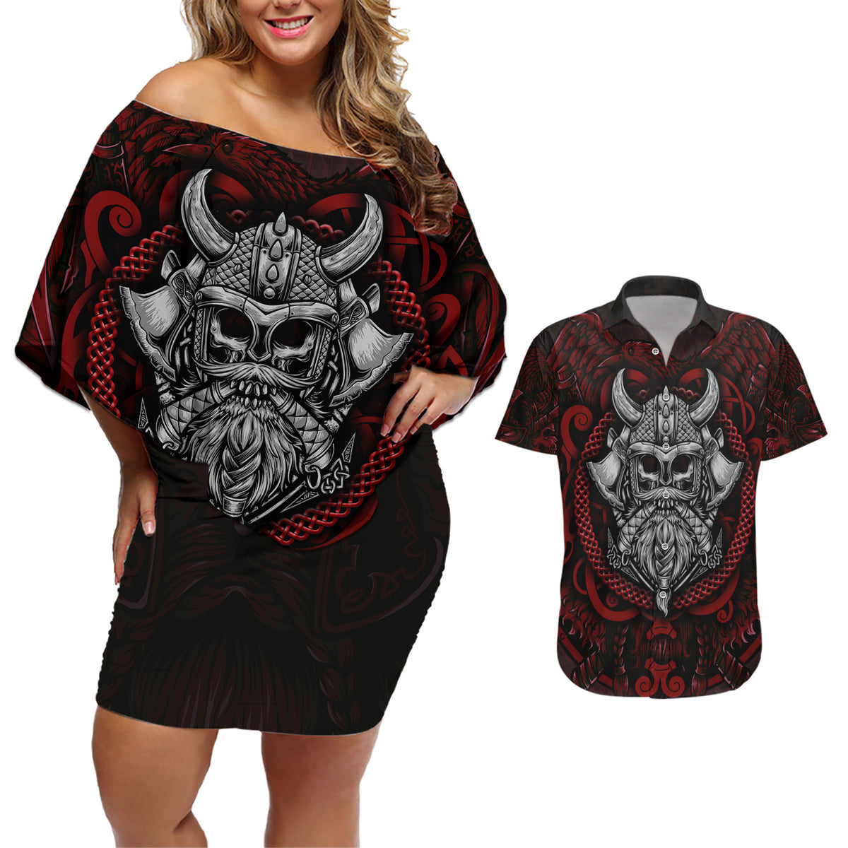 Blood Of Viking Warrior Couples Matching Off Shoulder Short Dress and Hawaiian Shirt - Wonder Print Shop