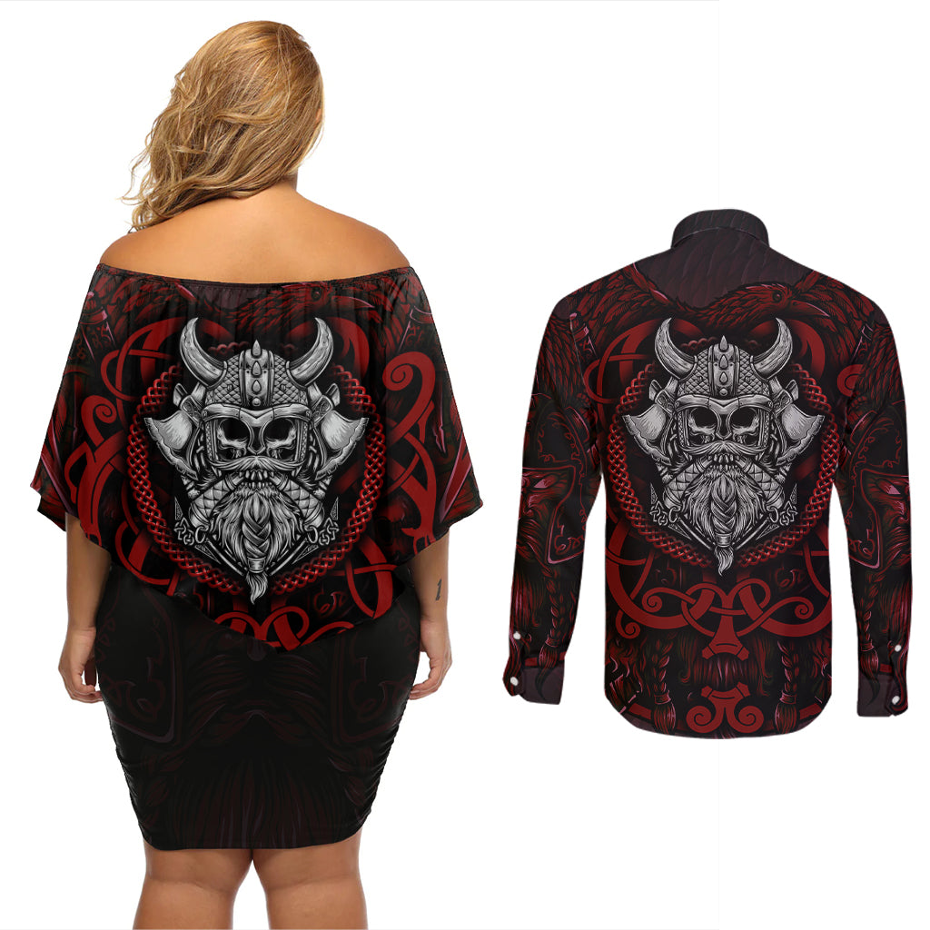 Blood Of Viking Warrior Couples Matching Off Shoulder Short Dress and Long Sleeve Button Shirts - Wonder Print Shop