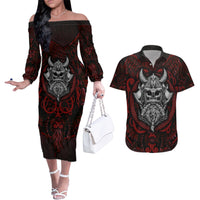 Blood Of Viking Warrior Couples Matching Off The Shoulder Long Sleeve Dress and Hawaiian Shirt - Wonder Print Shop
