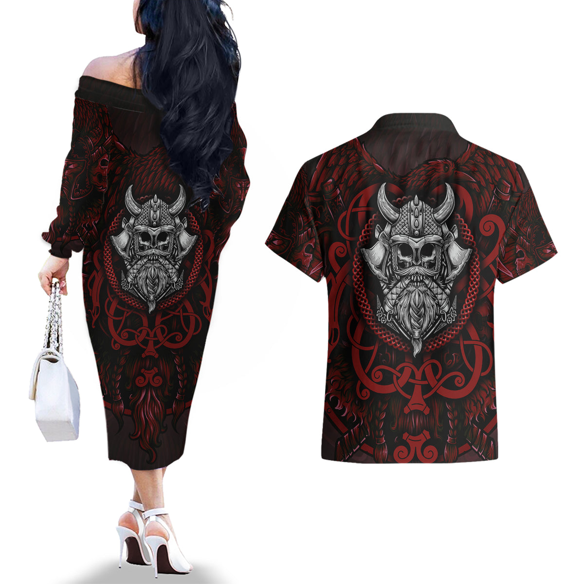Blood Of Viking Warrior Couples Matching Off The Shoulder Long Sleeve Dress and Hawaiian Shirt - Wonder Print Shop