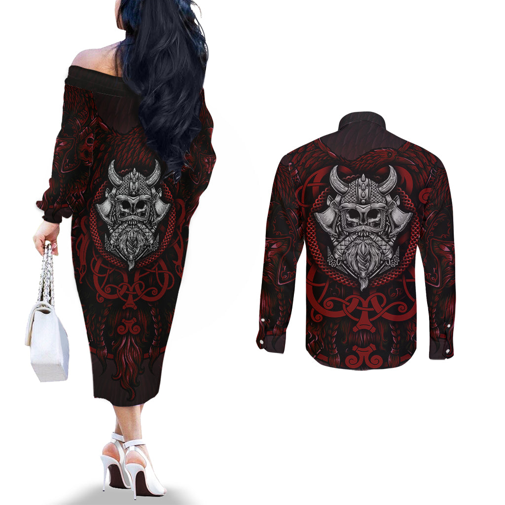 blood-of-viking-warrior-couples-matching-off-the-shoulder-long-sleeve-dress-and-long-sleeve-button-shirts