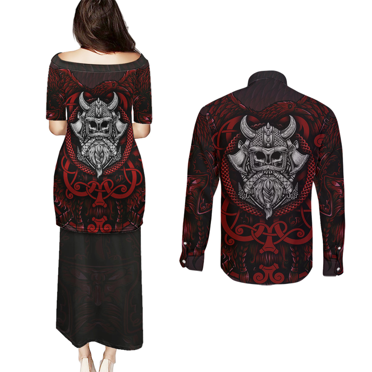 Blood Of Viking Warrior Couples Matching Puletasi Dress and Long Sleeve Button Shirts - Wonder Print Shop