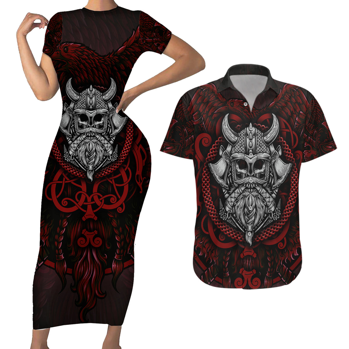 Blood Of Viking Warrior Couples Matching Short Sleeve Bodycon Dress and Hawaiian Shirt - Wonder Print Shop