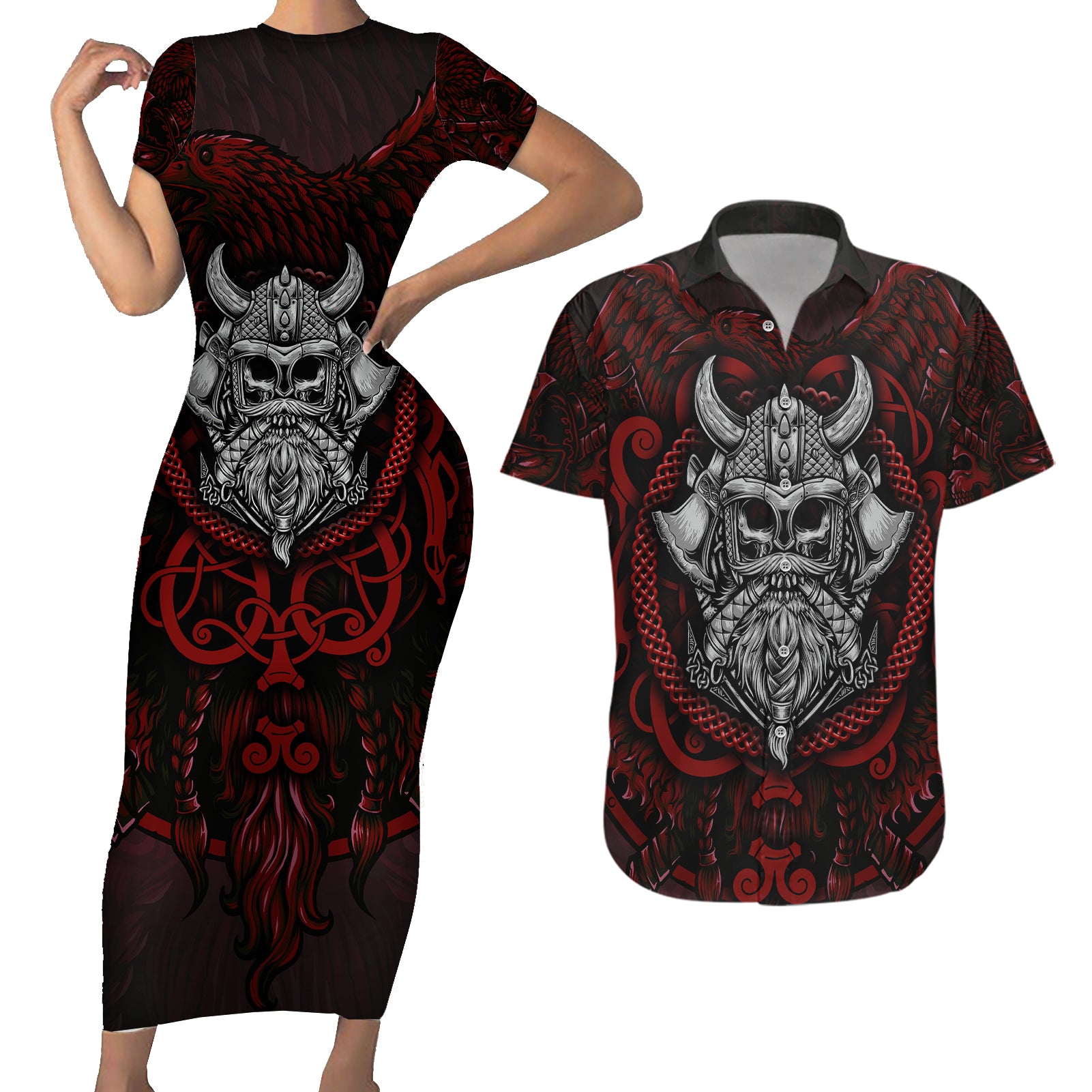 Blood Of Viking Warrior Couples Matching Short Sleeve Bodycon Dress and Hawaiian Shirt - Wonder Print Shop