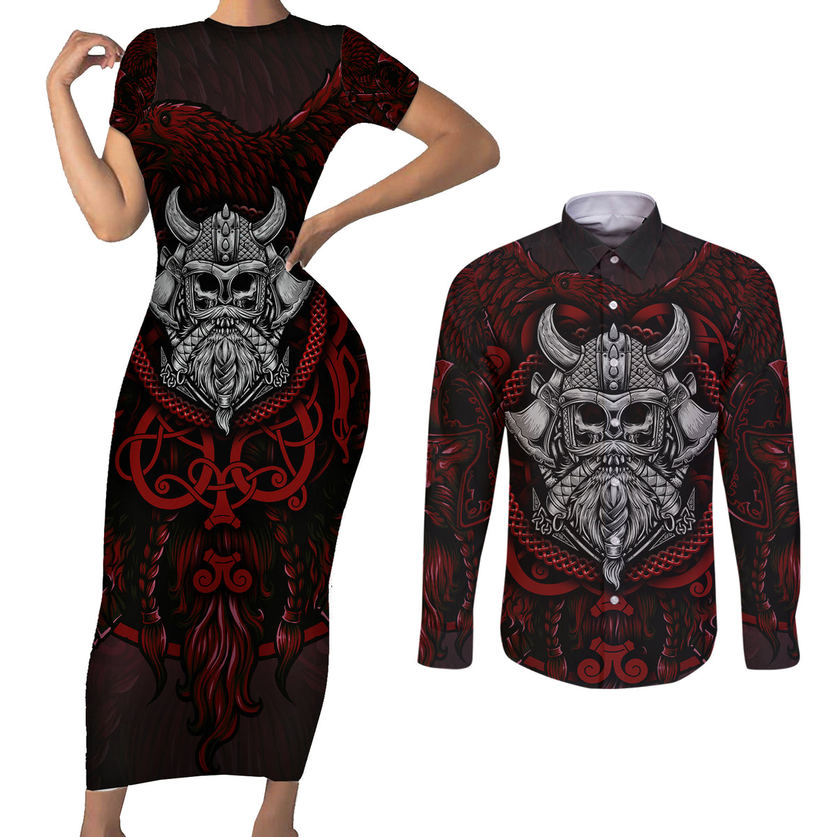 Blood Of Viking Warrior Couples Matching Short Sleeve Bodycon Dress and Long Sleeve Button Shirts - Wonder Print Shop
