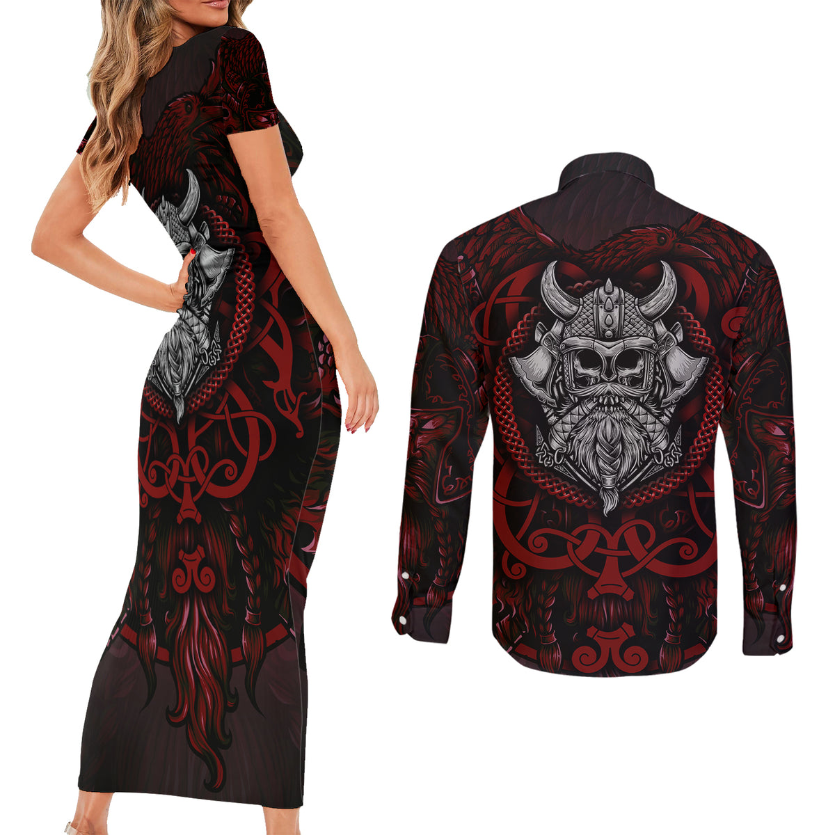 Blood Of Viking Warrior Couples Matching Short Sleeve Bodycon Dress and Long Sleeve Button Shirts - Wonder Print Shop