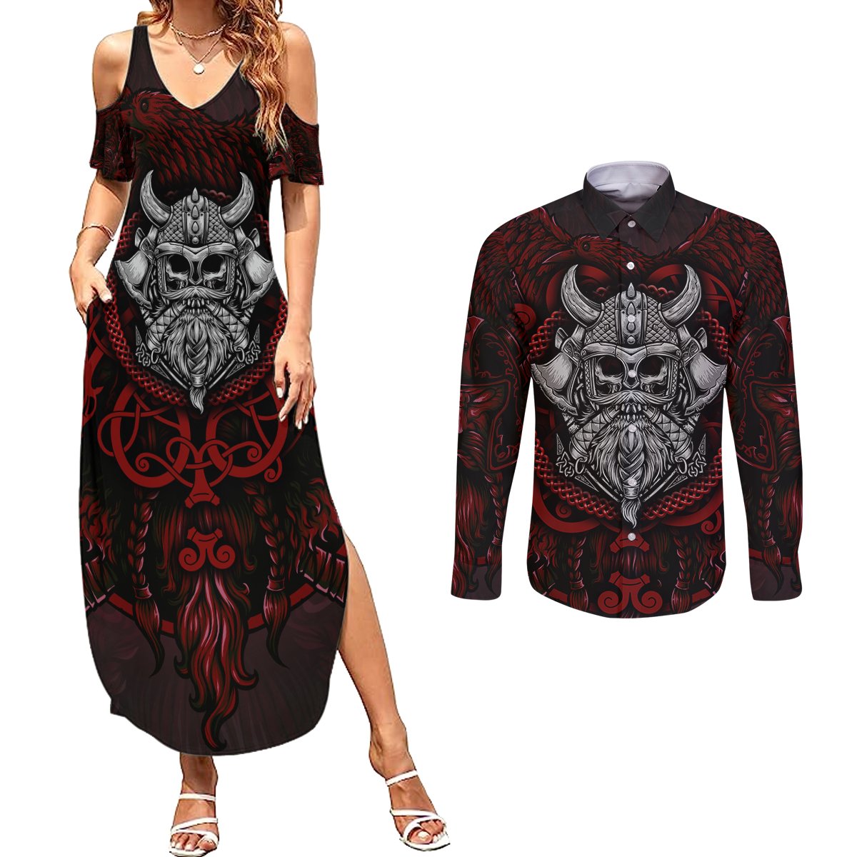 Blood Of Viking Warrior Couples Matching Summer Maxi Dress and Long Sleeve Button Shirts - Wonder Print Shop