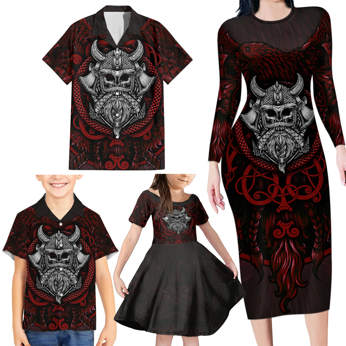 Blood Of Viking Warrior Family Matching Long Sleeve Bodycon Dress and Hawaiian Shirt - Wonder Print Shop