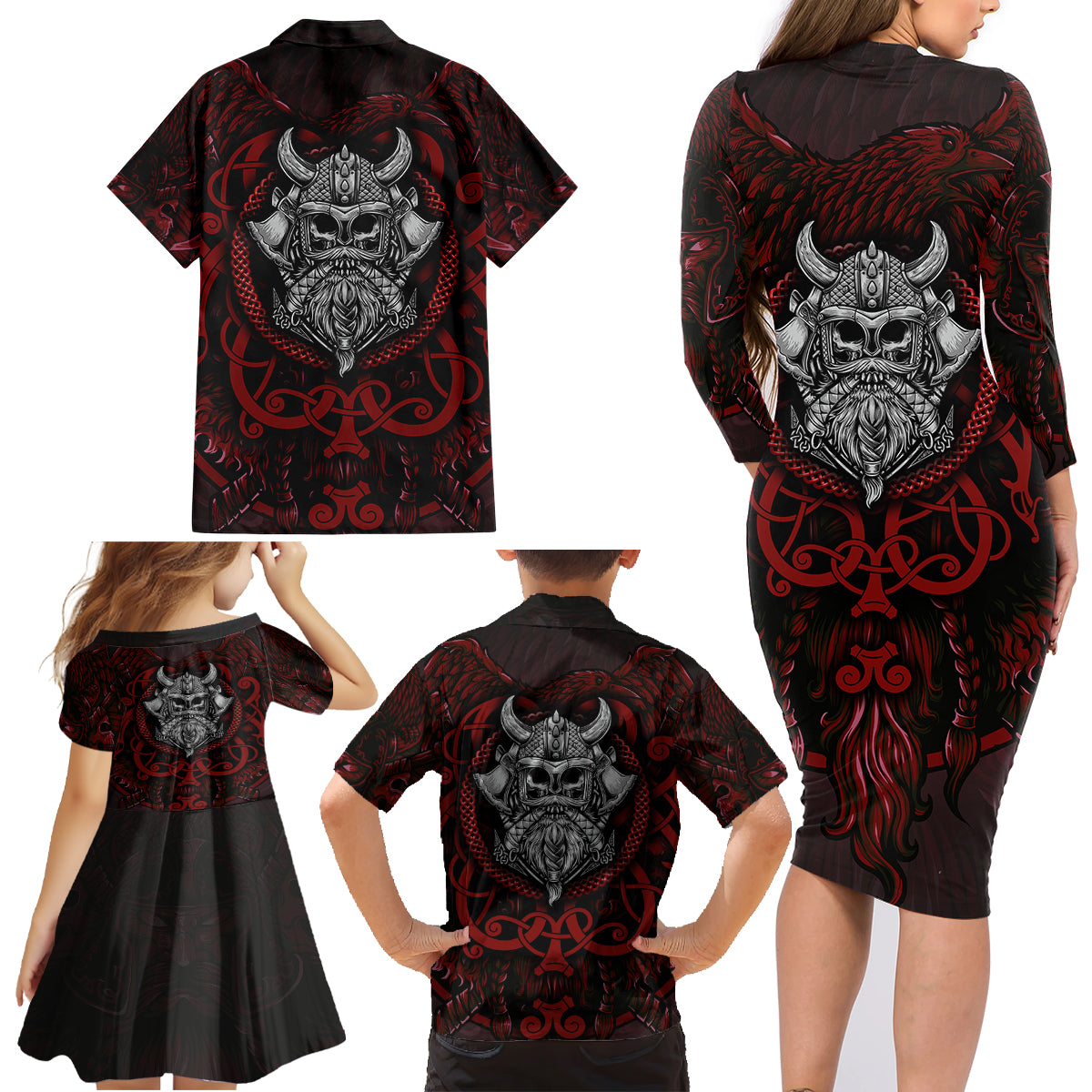 Blood Of Viking Warrior Family Matching Long Sleeve Bodycon Dress and Hawaiian Shirt - Wonder Print Shop