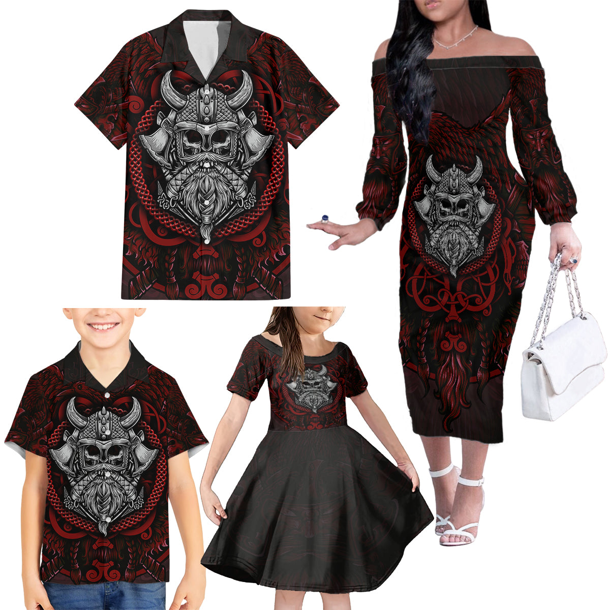 Blood Of Viking Warrior Family Matching Off Shoulder Long Sleeve Dress and Hawaiian Shirt - Wonder Print Shop
