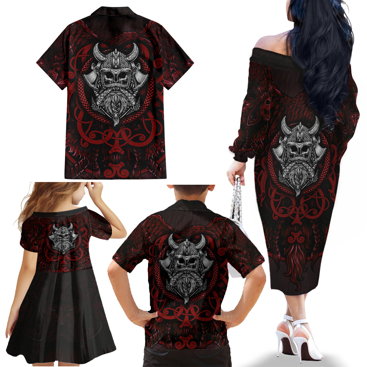 Blood Of Viking Warrior Family Matching Off Shoulder Long Sleeve Dress and Hawaiian Shirt - Wonder Print Shop