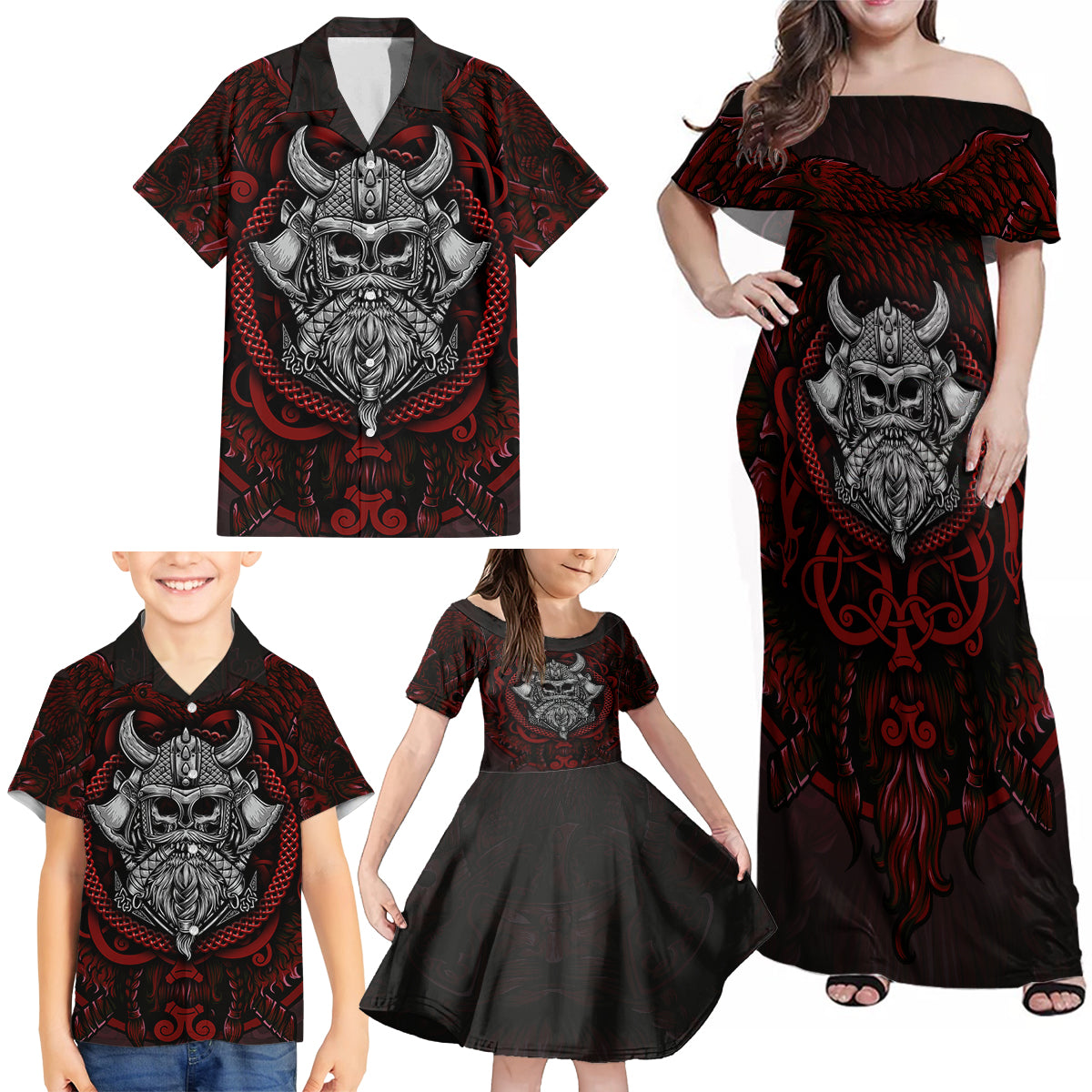 Blood Of Viking Warrior Family Matching Off Shoulder Maxi Dress and Hawaiian Shirt - Wonder Print Shop