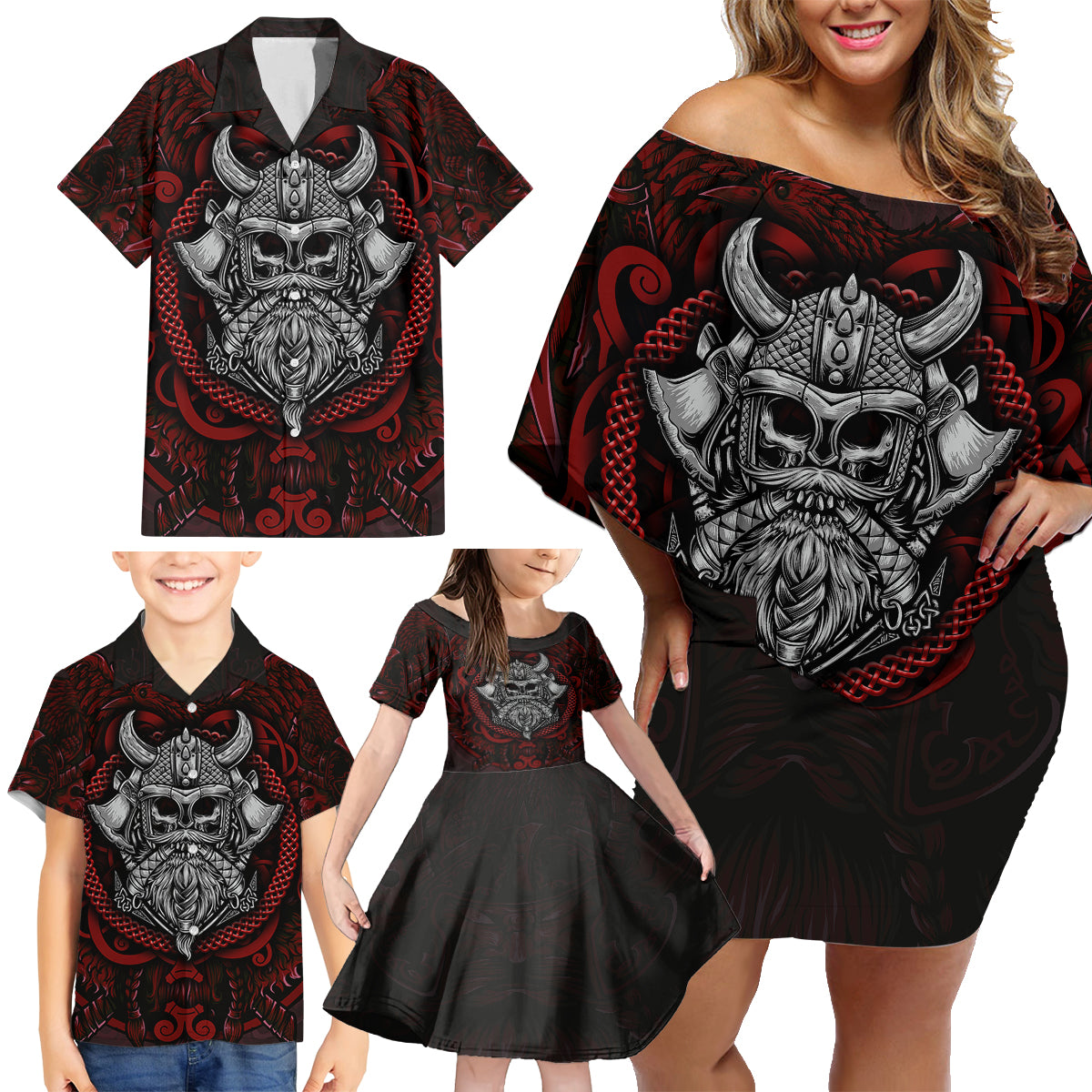 Blood Of Viking Warrior Family Matching Off Shoulder Short Dress and Hawaiian Shirt - Wonder Print Shop