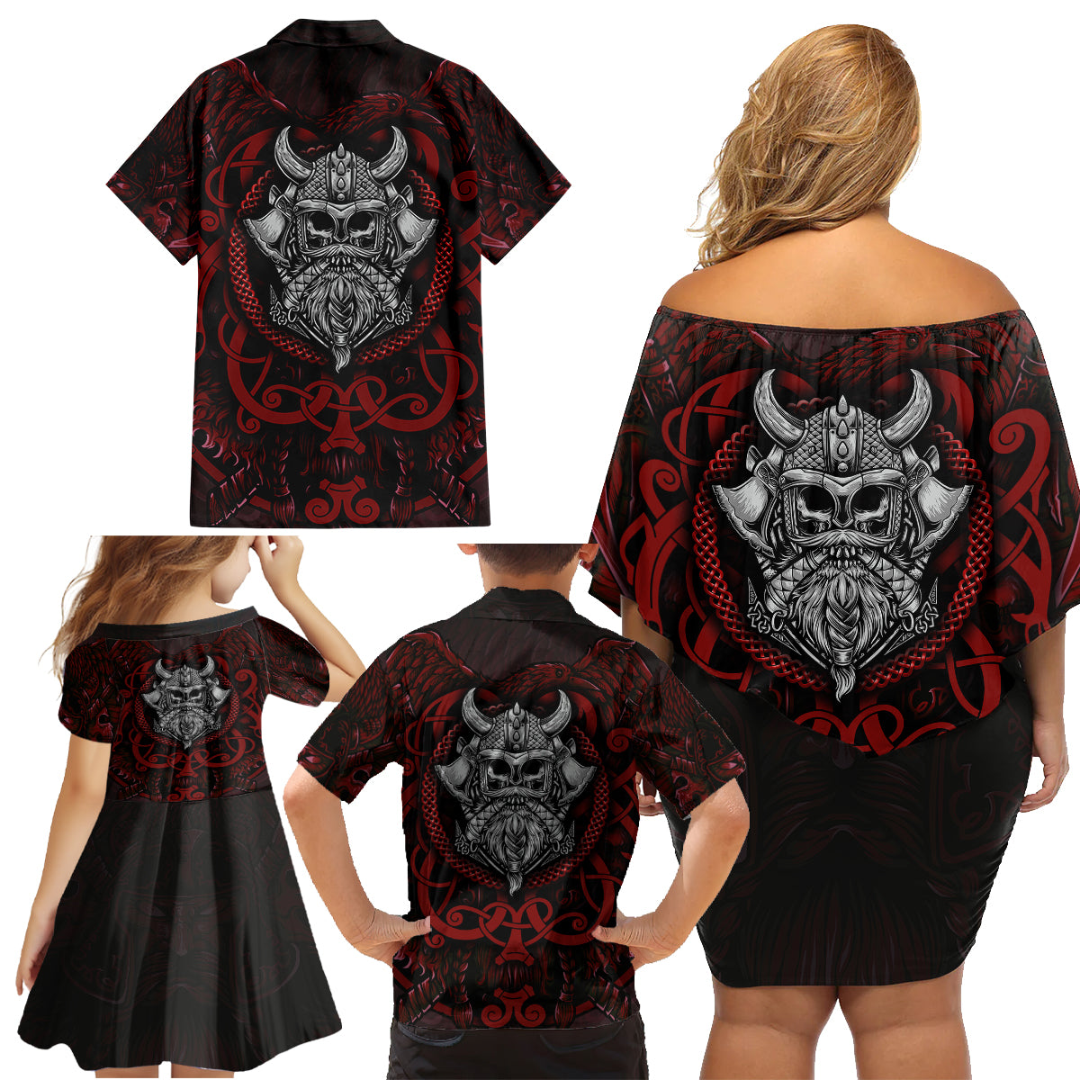 Blood Of Viking Warrior Family Matching Off Shoulder Short Dress and Hawaiian Shirt - Wonder Print Shop